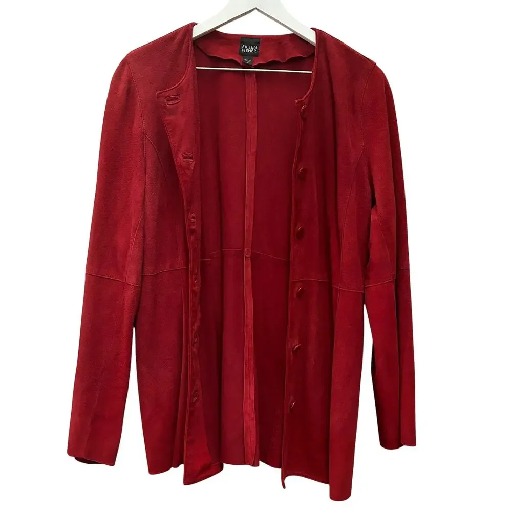 EILEEN FISHER Goat Suede Button Down Jacket Dark Red Size Medium - Picture 2 of 6